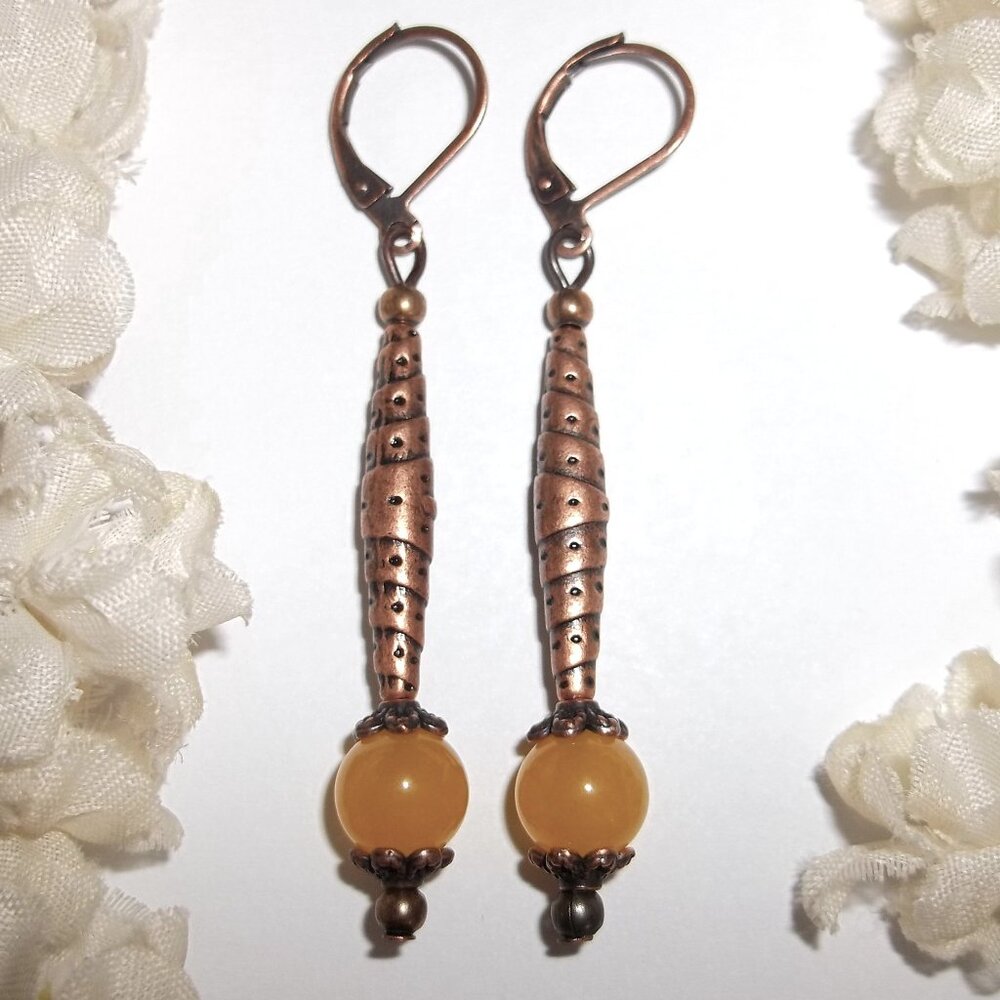 Boho Earrings Yellow and Copper Beaded Dangle Drop Set Pair Jewelry Gift D406
